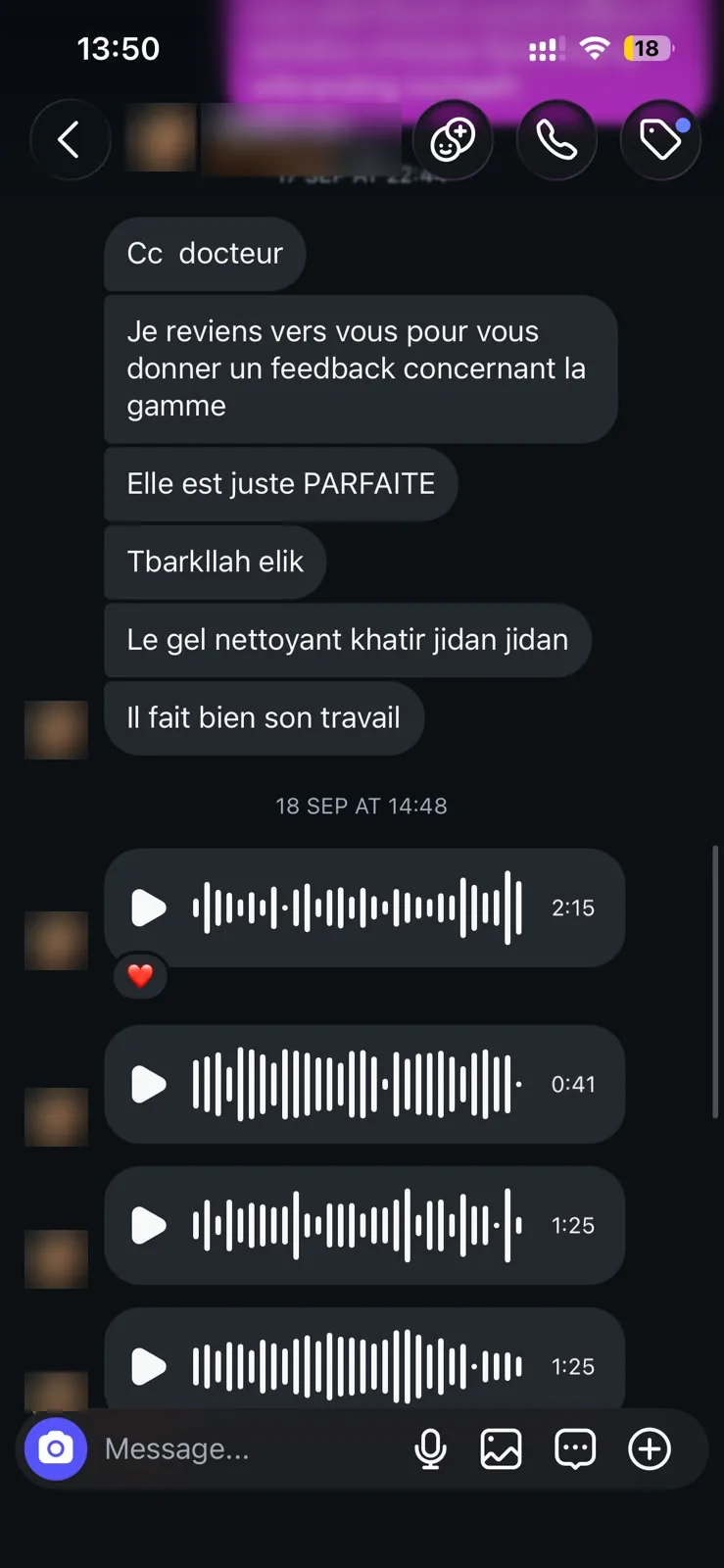 Capture d'un message Instagram de Nabila : « Elle est juste PARFAITE », à propos de la gamme anti-taches OTAGE