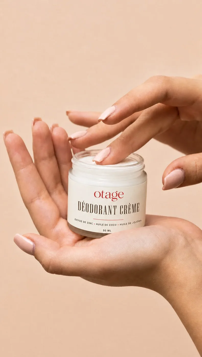 Le pot de déodorant crème OTAGE ouvert, tenu à deux mains, un doigt dans la crème